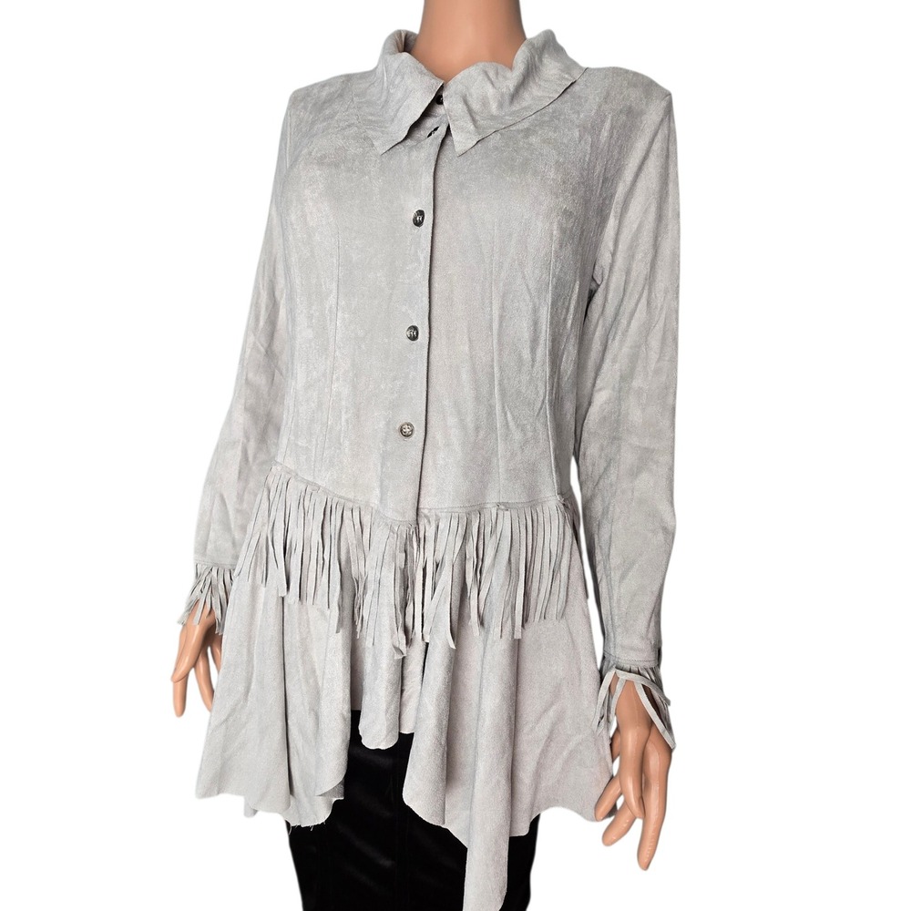 JOH Faux Suede Fringe Western‎ Tunic Shacket Peplum Grey Size M